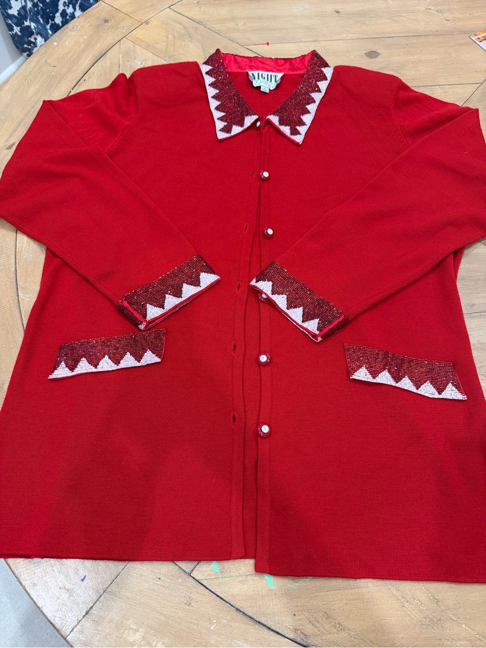 Vintage Night Studio New York Red Embellished Cardigan with Sparkle Trim Large